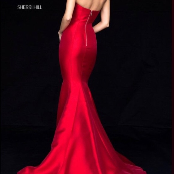 Sherri Hill 51671 Strapless High Slit Formal Dress Red - Picture 3 of 17